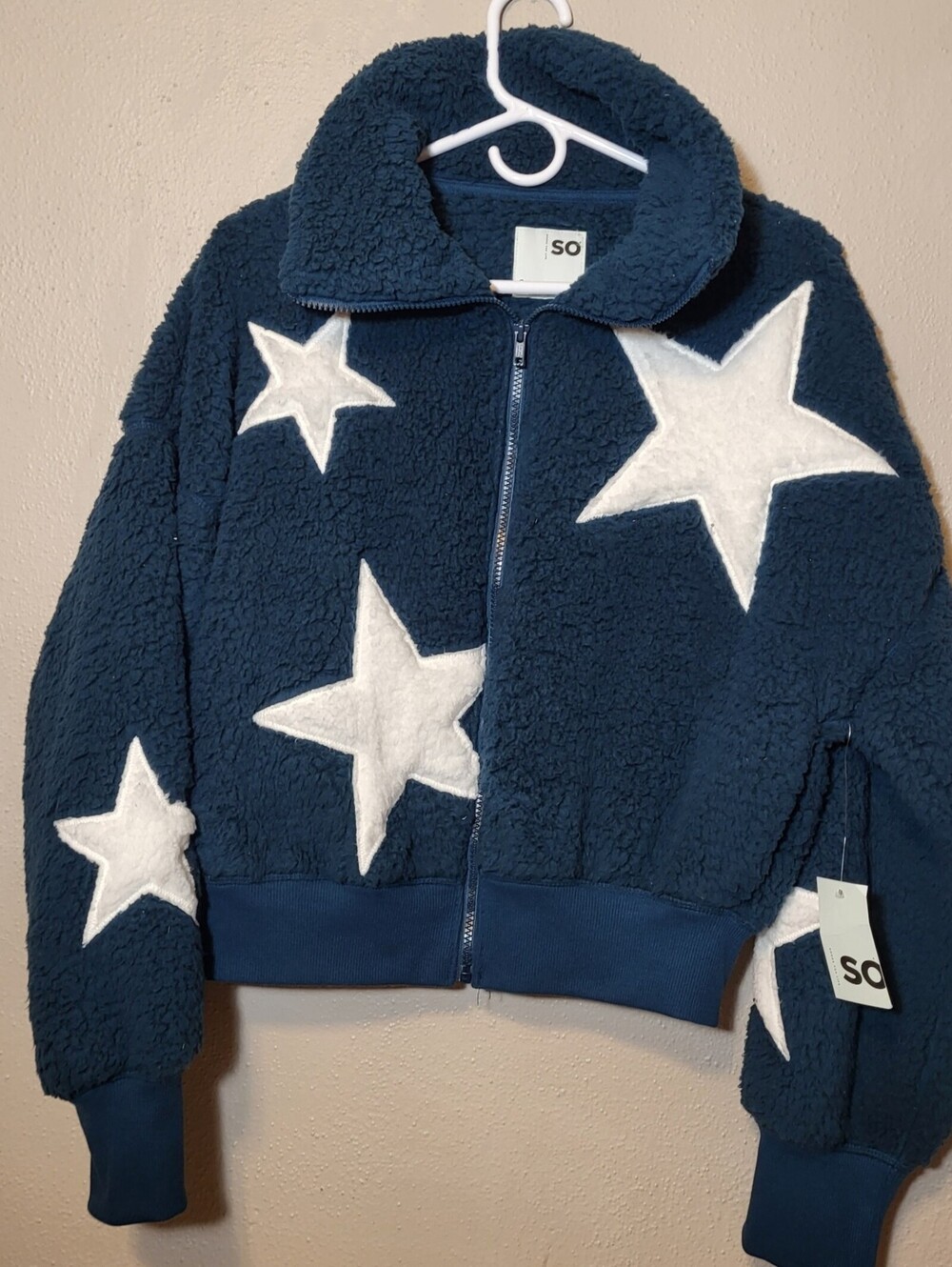 SO The Cozy Jacket Sherpa Fleece Full Zip Blue White Star NWT Size Sm